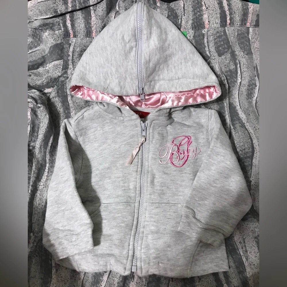 Y2K VTG Guess Embroidered Satin Zip Up Hoodie Jacket Gray Pink 12M Baby Girl